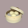 Traditional Bamboo Steamer With Open Lid And Three Fresh Steamed Buns