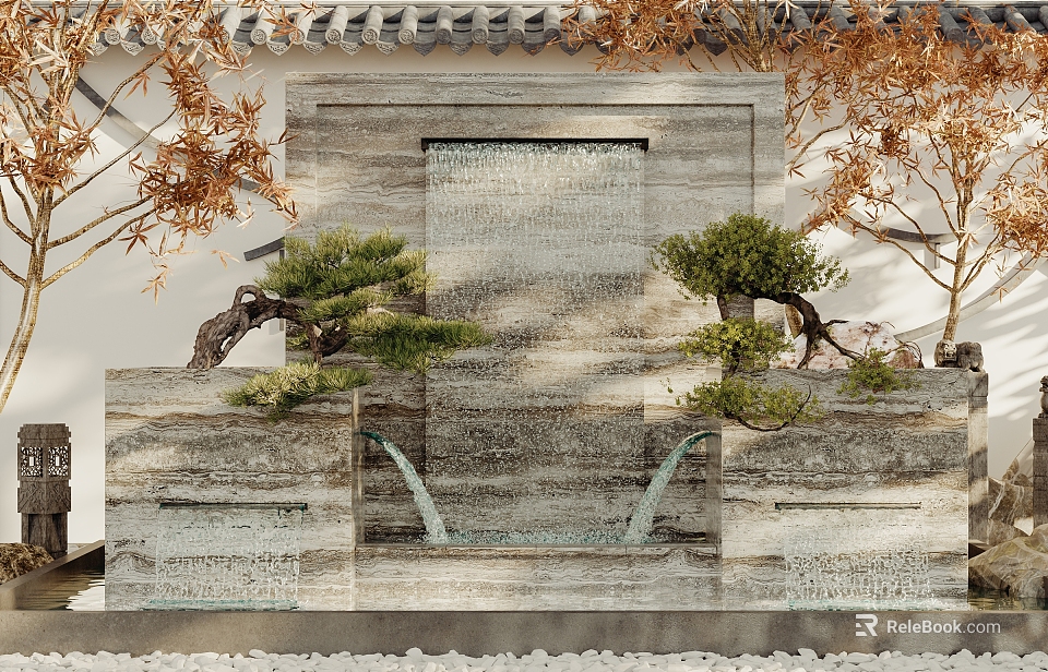 Garden Decor Stone Water Wall With Small Pine Trees And Orange Leaves 3d model 