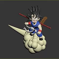 Anime Character Action Figure Spiky Black Hair Blue Outfit Holding Red Staff On Cloud Base