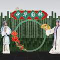 Traditional Chinese Opera Performers In Costumes With Bamboo Background And Circular Decor