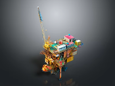 Offshore Oil Drilling Platform With Tall Crane Equipment Cabins Support Legs And Orange Equipment 3d model