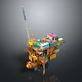 Offshore Oil Drilling Platform With Tall Crane Equipment Cabins Support Legs And Orange Equipment