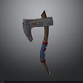 Decorative Axe Featuring Intricate Metal Blade And Wooden Handle With Red Blue Accents