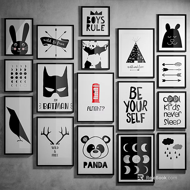 Black And White Wall Art Prints With Various Animal And Symbol Designs 3d model 