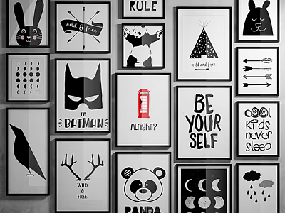 Black And White Wall Art Prints With Various Animal And Symbol Designs 3d model