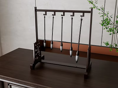 Traditional Chinese Calligraphy Brushes On Wooden Pen Rack In Interior 3d model