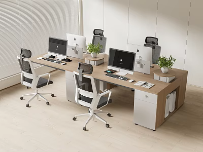 Modern Wooden Office Desk With Multiple Computer Monitors Ergonomic Chairs Potted Plants And Storage Cabinets 3d model