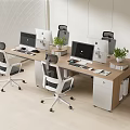 Modern Wooden Office Desk With Multiple Computer Monitors Ergonomic Chairs Potted Plants And Storage Cabinets