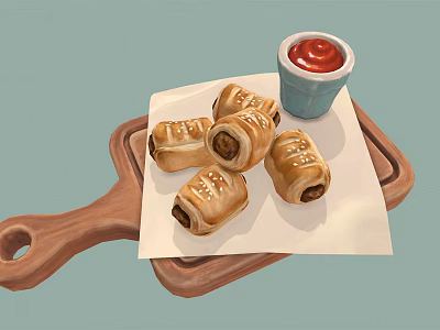 Delicious Sausage Rolls Served on Wooden Tray with White Paper and Ketchup 3d model