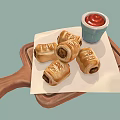 Delicious Sausage Rolls Served on Wooden Tray with White Paper and Ketchup