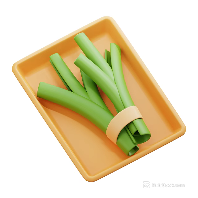 Fresh Green Onions Tied With Tape On Orange Tray For Healthy Diet 3d model 