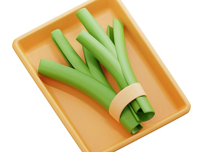 Fresh Green Onions Tied With Tape On Orange Tray For Healthy Diet 3d model