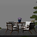 Landscape Seating with Wooden Chairs Round Glass Table Blue Vase Purple Flowers and Green Plants