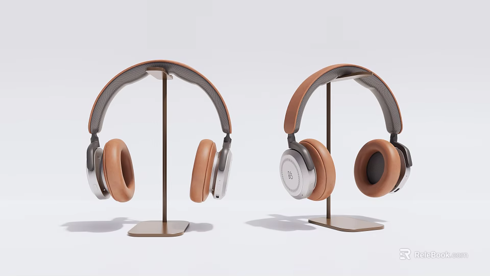 Sleek Modern Headphones with Brown Leather Cups and Silver Metal Stands 3d model 