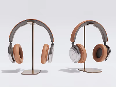 Sleek Modern Headphones with Brown Leather Cups and Silver Metal Stands 3d model