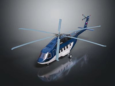 Modern Blue and White Helicopter Model with Large Rotors and Reflective Surface 3d model