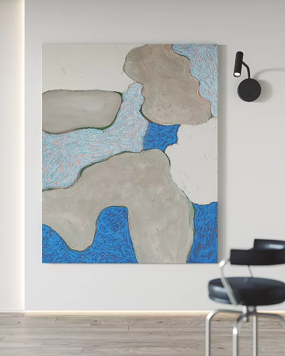 Abstract Painting Featuring Beige Blue Green Irregular Shapes Hanging With Black Wall Lamp And Chair 3d model