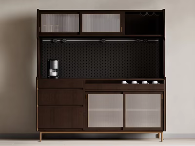Modern Dark Brown Sideboard with Perforated Back Panel Glass Doors Drawers and Gold Legs 3d model