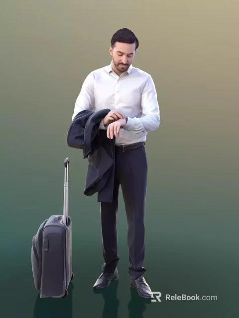 Man in White Shirt Checking Watch Holding Jacket Next to Rolling Suitcase 3d model 