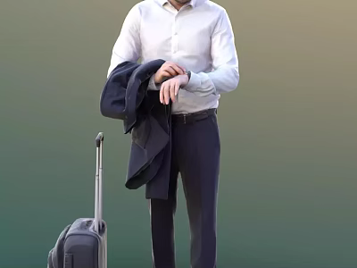 Man in White Shirt Checking Watch Holding Jacket Next to Rolling Suitcase 3d model