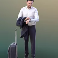 Man in White Shirt Checking Watch Holding Jacket Next to Rolling Suitcase