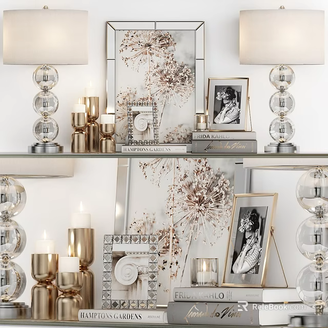 Elegant Decorative Ornament Set With Glass Lamps Gold Candles Photo Frames And Crystal Decorations 3d model 
