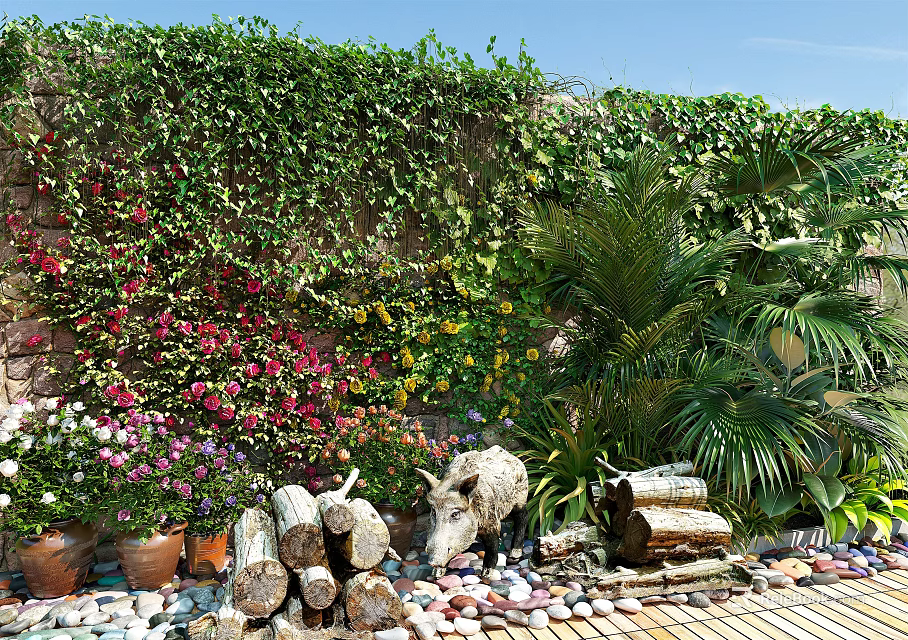 Living Plant Wall with Lush Vines Colorful Flowers Palms Logs and Pebbles Under Blue Sky 3d model 