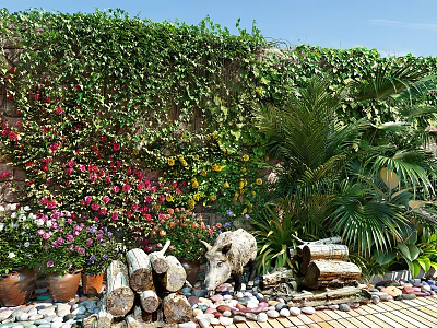 Living Plant Wall with Lush Vines Colorful Flowers Palms Logs and Pebbles Under Blue Sky 3d model