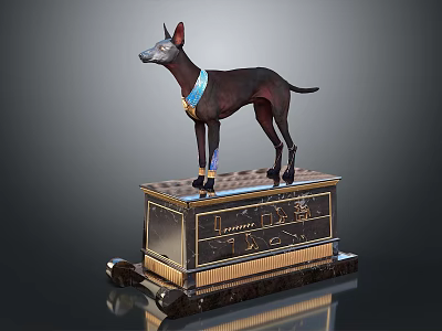 Ancient Dog Statue With Blue Collar Standing On Ornate Carved Pedestal 3d model