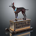 Ancient Dog Statue With Blue Collar Standing On Ornate Carved Pedestal