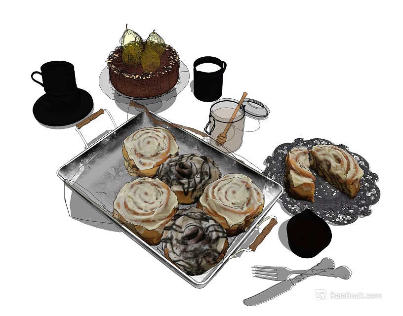 Delicious Cinnamon Rolls And Chocolate Cake With Coffee Cup Knife Fork On Tray 3d model 