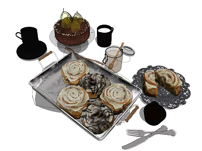 Delicious Cinnamon Rolls And Chocolate Cake With Coffee Cup Knife Fork On Tray 3d model