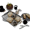 Delicious Cinnamon Rolls And Chocolate Cake With Coffee Cup Knife Fork On Tray