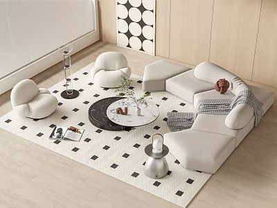 Modern Sofa And Coffee Table Combination With Plush Armchairs Geometric Rug And Decorative Plants 3d model