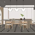 Modern Open Concept Restaurant Interior With Dining Table Chairs Pendant Lights And Green Plants