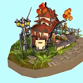 Cartoon Scene Featuring Red Roof House Vintage Car Toy Bear Balloons And Clock