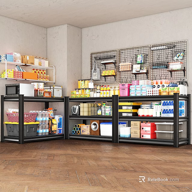 Retail Store Shelves With Various Products Drinks Snacks And Storage Baskets 3d model 