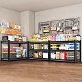 Retail Store Shelves With Various Products Drinks Snacks And Storage Baskets