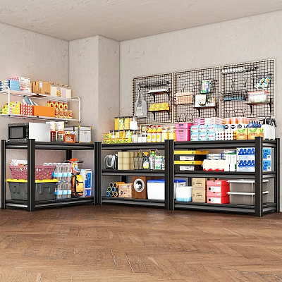 Retail Store Shelves With Various Products Drinks Snacks And Storage Baskets 3d model