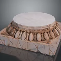 Carved Stone Pedestal With Circular Marble Top Square Base And SAILKIS Inscription Decorations