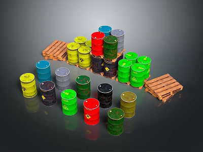 Assorted Colored Oil Barrels With Wooden Pallets For Daily Living Supplies 3d model