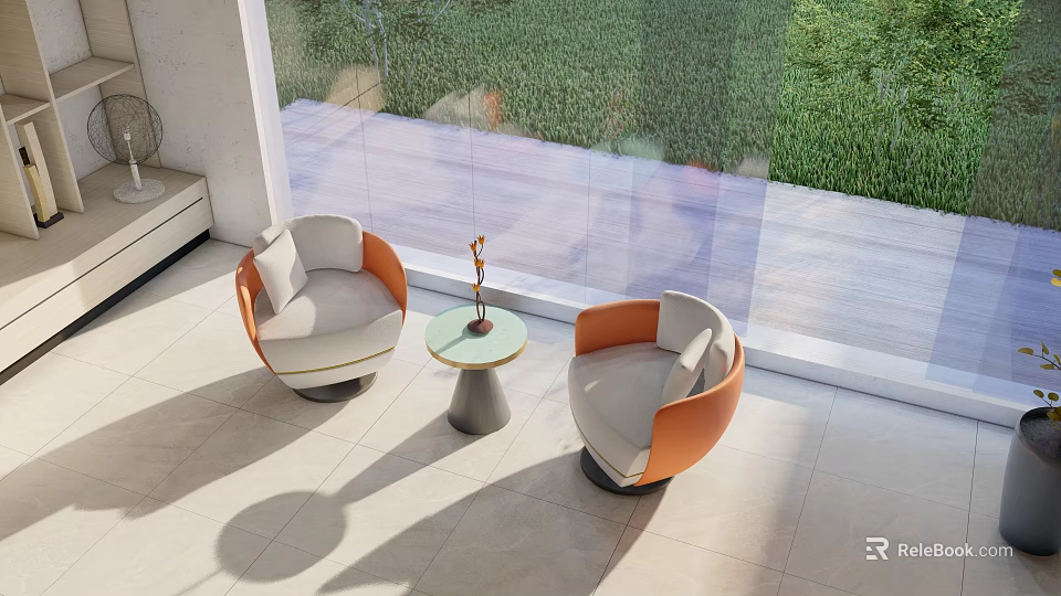 Modern Luxury Chair And Table Set With Orange Gray Upholstery Near Window Green Plants 3d model 