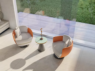 Modern Luxury Chair And Table Set With Orange Gray Upholstery Near Window Green Plants 3d model