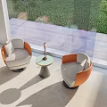 Modern Luxury Chair And Table Set With Orange Gray Upholstery Near Window Green Plants