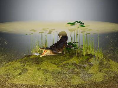 Crocodile Resting On Rocks In Pond With Aquatic Plants And Greenery Around Water 3d model