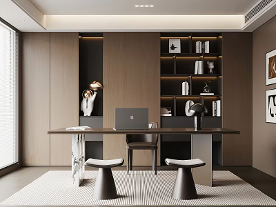 Modern Study Room Interior With Dark Wooden Bookshelves Books Decorations Long Desk Laptop And Stools 3d model