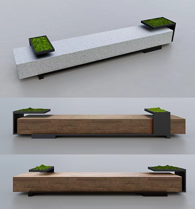 Modern Landscape Bench With Stone Wooden Top And Small Green Potted Plants 3d model