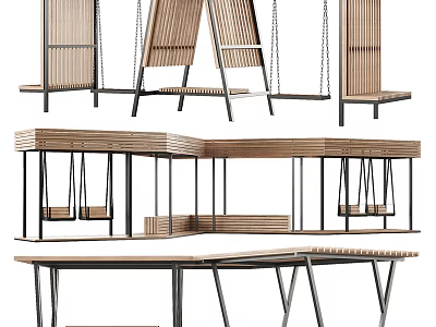 Modern Wooden Metal Furniture Set With Swing Table Shelf And Frame Design 3d model