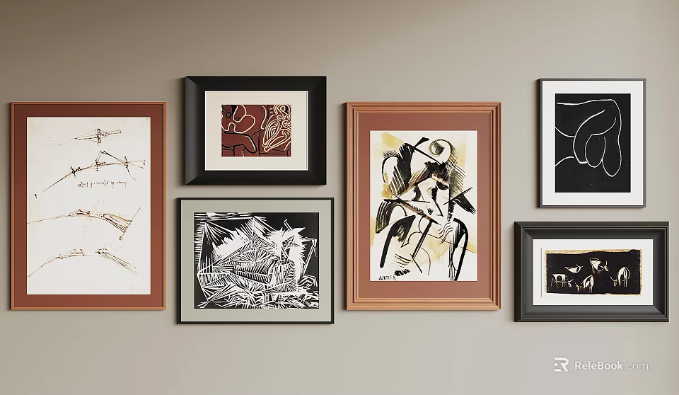Abstract Paintings on Wall with Various Frames and Diverse Artistic Styles 3d model