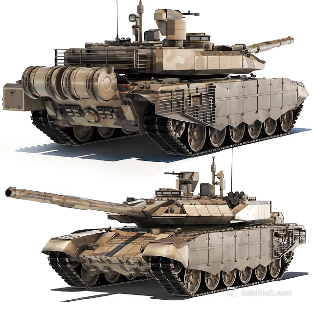 Military Tank Side And Front View With Armor Tracks And Cannon Details 3d model 